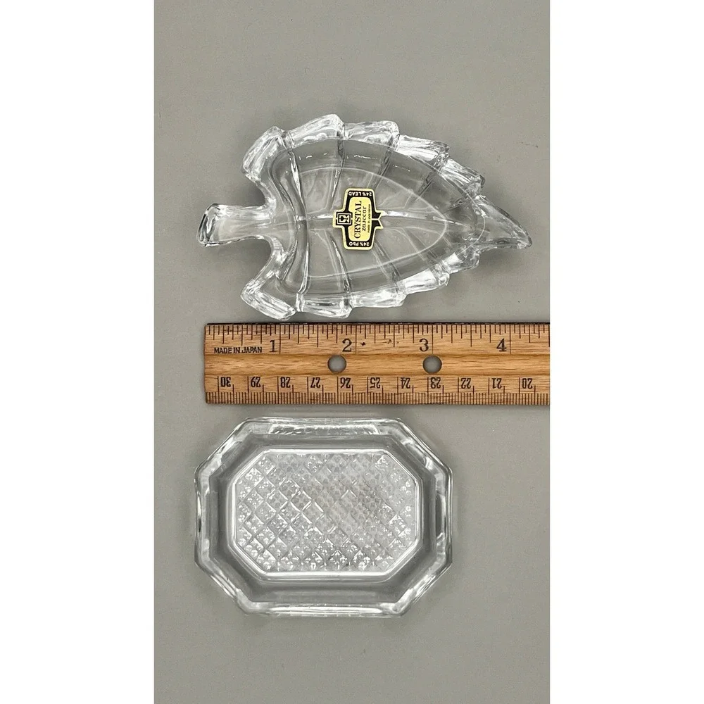 Crystal Zajecar 24% Lead Crystal Leaf Dish‎ Diamond Cut Trinket Set Yugoslavia